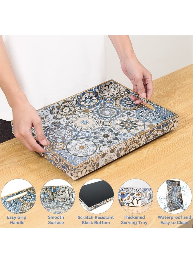 AGIOTA 2 Pcs Serving Tray with Handles Bohemian Decorative Tray Large Ottoman Trays for Living Room Blue Coffee Table Trays for Breakfast - Image 3